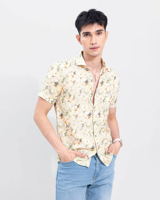 Buy Snitch Men's Yellow Lilly Floral Printed Slim Fit Shirt for Men
