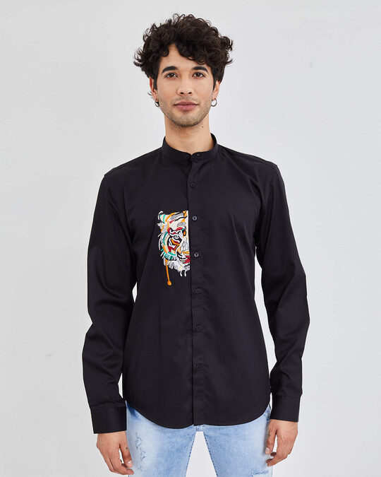 Shop Tiger Black Satin Mandarin Collar Shirt-Back