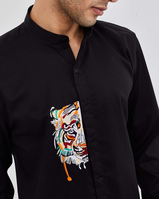 Shop Tiger Black Satin Mandarin Collar Shirt