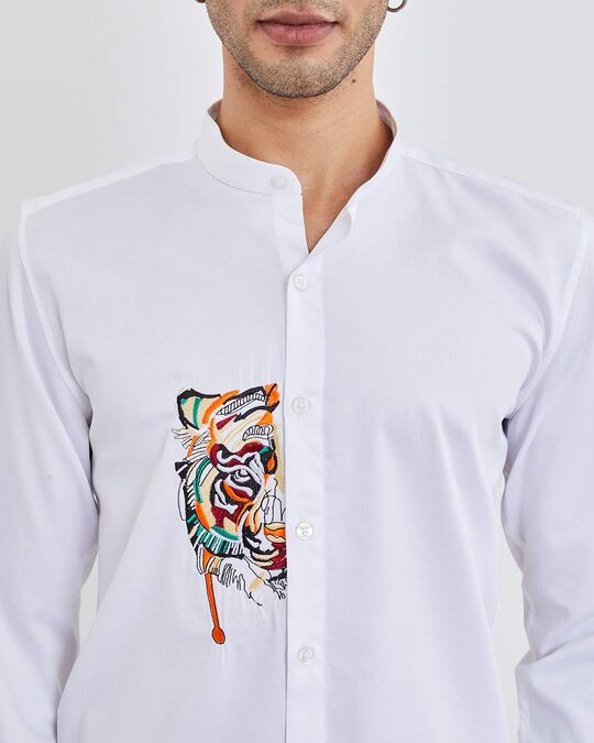 Shop Tiger White Satin Mandarin Collar Shirt-Design