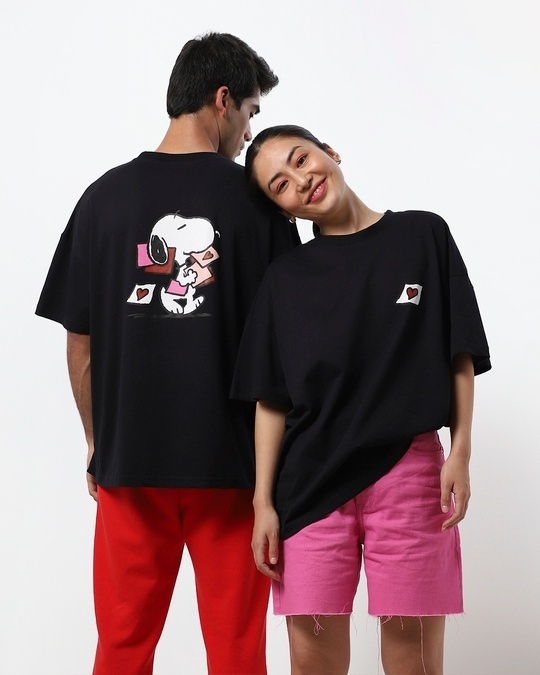 Shop Black Snoopy Love Note Unisex Fit T-shirt-Front