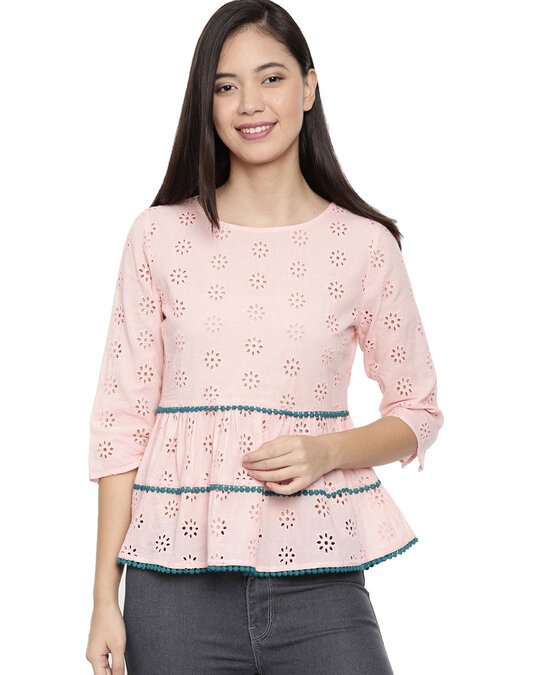 Shop Women's Snowflake Schiffli Layered Bell Sleeves Pink Top-Front