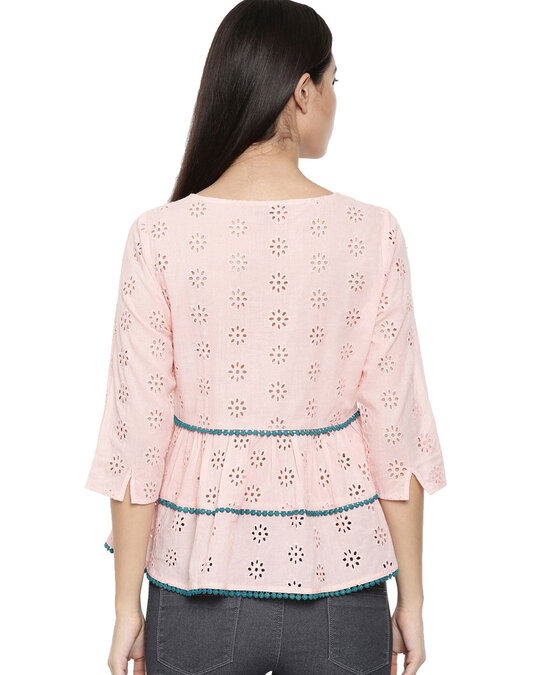 Shop Women's Snowflake Schiffli Layered Bell Sleeves Pink Top-Full