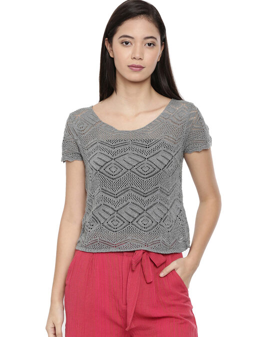 Shop Women's Sold Knit Grey Pullover-Front