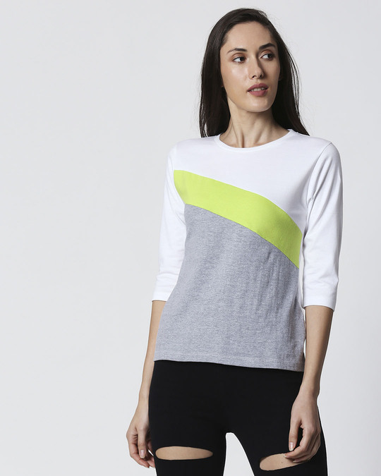 Shop Space Grey Women's 3/4 Sleeve 90's Vibe Asymmetric Three Panel T-Shirt-Back