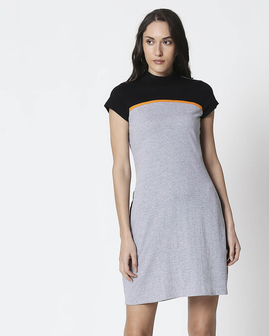 Shop Space Grey Women's Half Sleeve High Neck Two Panel Pocket Dress-Back