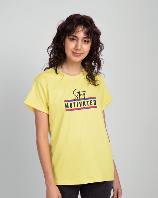 Shop Stay Motivated Stripe Boyfriend T-Shirt Pastel Yellow-Front