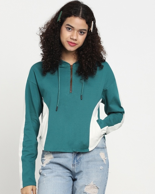 Shop Snazzy Green Color Block Hoodie T-shirt For Women's-Back