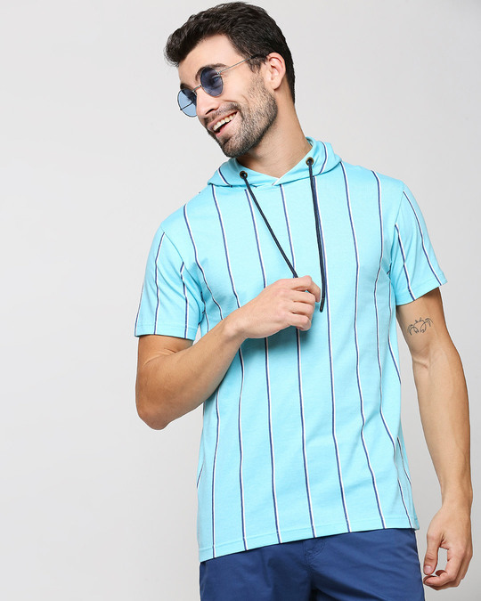 Shop Beach Blue Stripe Half Sleeve Hoodie T-Shirt-Front