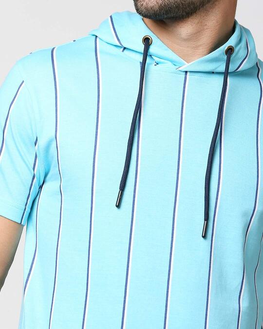 Shop Beach Blue Stripe Half Sleeve Hoodie T-Shirt