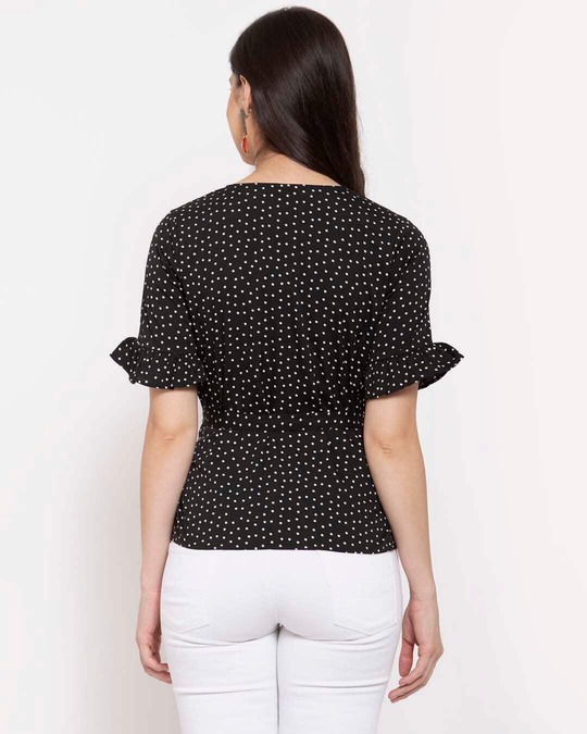 Shop Black White Bell Sleeve Crepe women's Wrap Top-Back