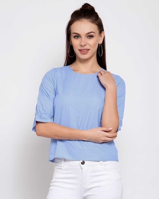 Shop Blue & White Striped Top-Front