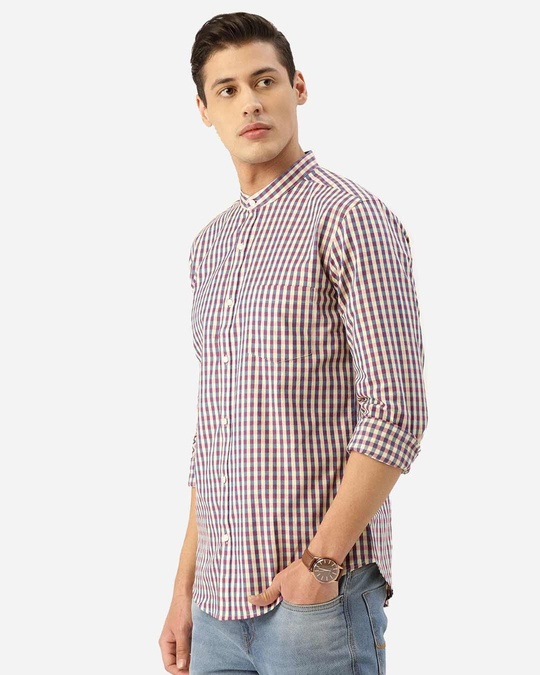 Shop Men Cream Coloured & Blue Checked Smart Shirt-Back