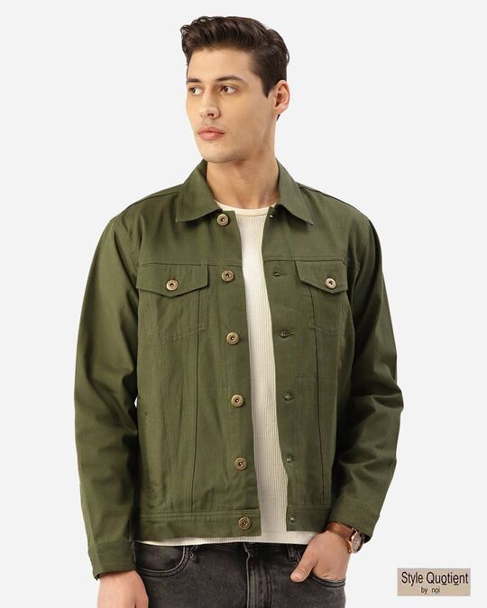 Style Quotient Men Olive Green Solid Denim Jacket