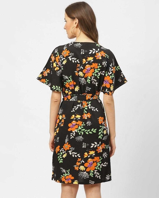 Shop Women's Black & Orange Floral Printed A Line Dress-Design