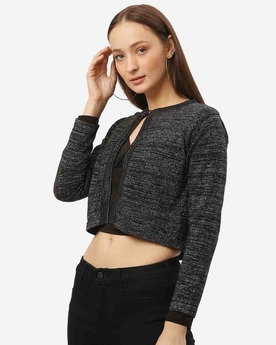 Buy Women's Black & Silver Shimmered Crop Button Shrug Online at Bewakoof