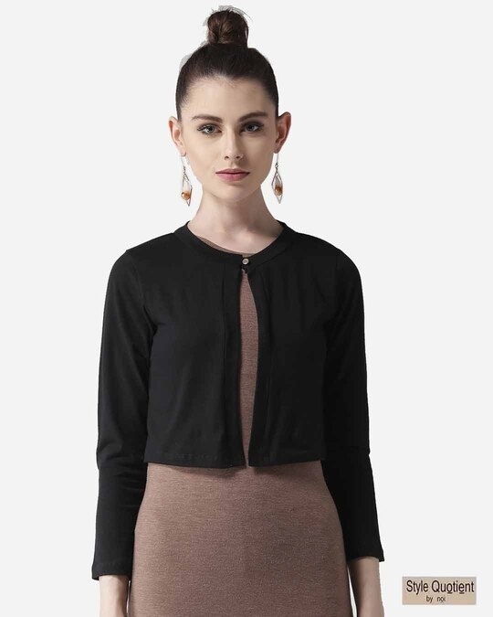 Shop Women Black Solid Crop Button Shrug-Front