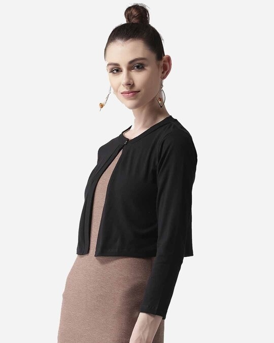 Shop Women Black Solid Crop Button Shrug-Back
