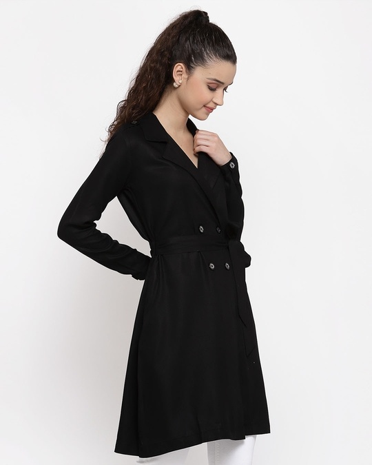Shop Women Black Solid Double Breasted Trench Coat-Design