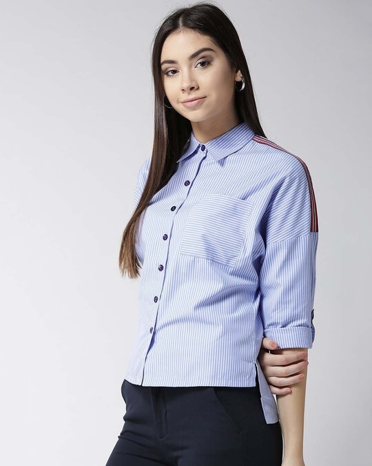 Shop Women Blue & White Striped Casual Shirt-Design
