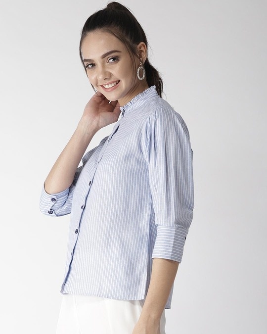 Shop Women Blue & White Striped Shirt Style Top-Back