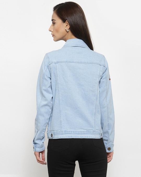 Shop Women Blue Washed Denim Jacket With Patchwork-Back