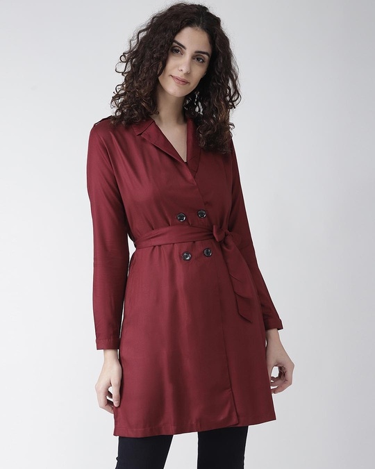 Shop Women Burgundy Solid Double Breasted Overcoat-Front