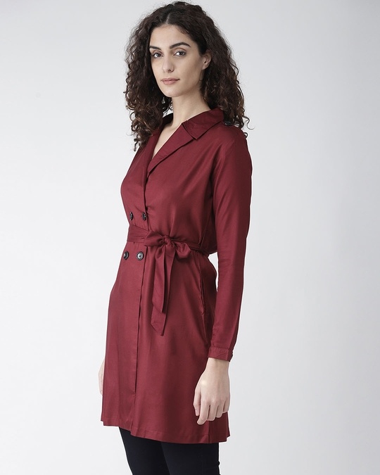 Shop Women Burgundy Solid Double Breasted Overcoat-Design