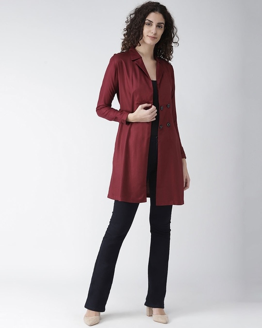 Shop Women Burgundy Solid Double Breasted Overcoat