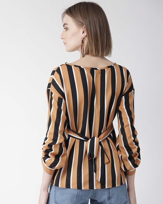 Shop Women Camel Brown & Black Striped Regular Top-Design