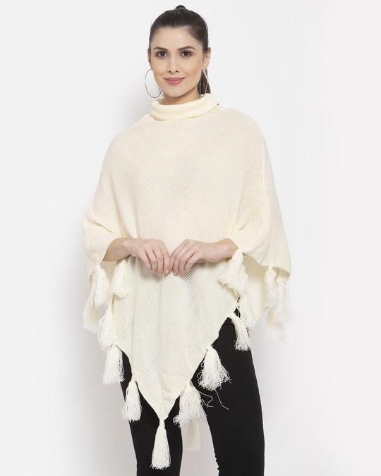 Shop Women Cream Poncho With Fringed Detail-Front