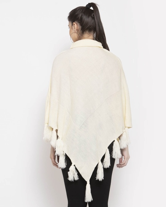 Shop Women Cream Poncho With Fringed Detail-Back