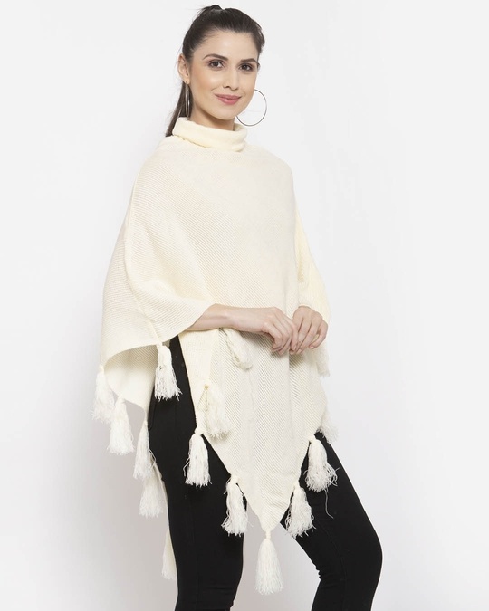 Shop Women Cream Poncho With Fringed Detail-Design