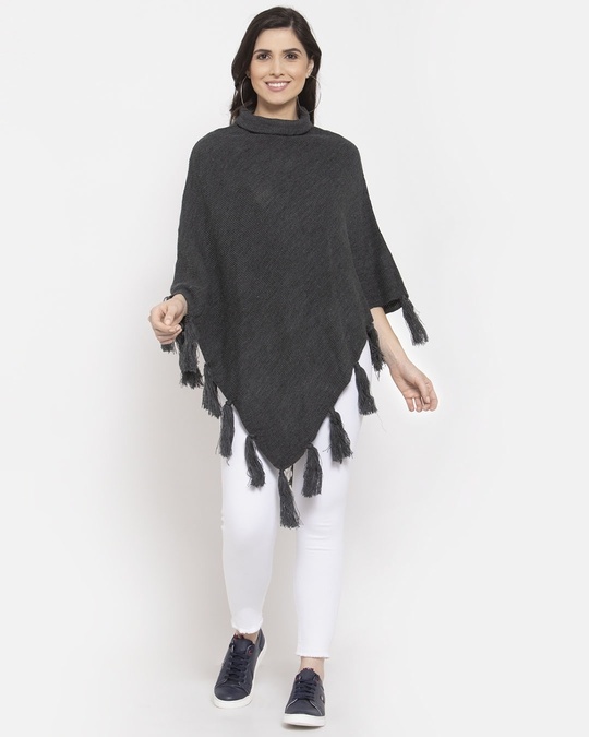 Shop Women Grey Poncho With Fringed Detail