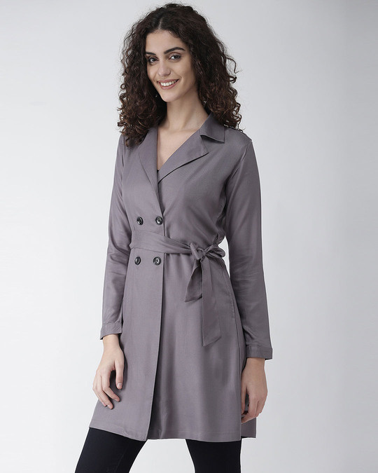 Shop Women Grey Solid Double Breasted Overcoat-Back