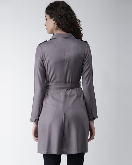 Shop Women Grey Solid Double Breasted Overcoat-Design