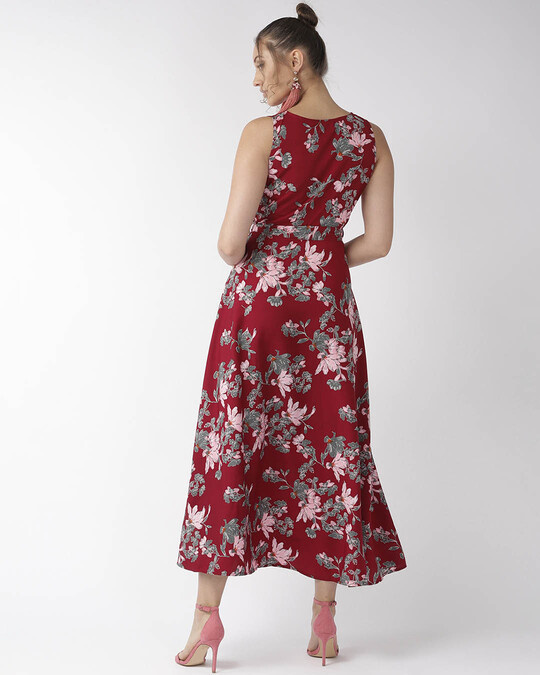 Shop Women's Maroon & Pink Floral Print Maxi Dress-Design