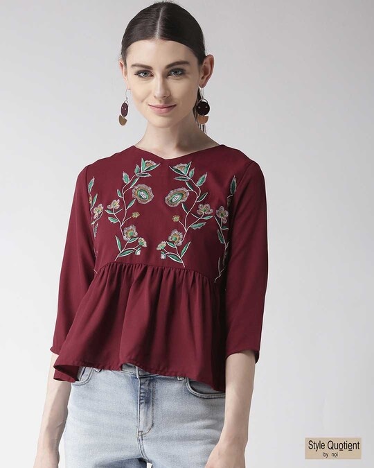 Shop Women's Maroon Embroidered A Line Top-Front