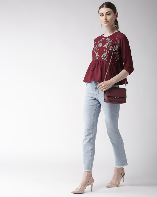 Shop Women's Maroon Embroidered A Line Top-Full