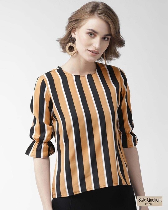 Shop Women's Mustard Brown & Black Striped Top-Front