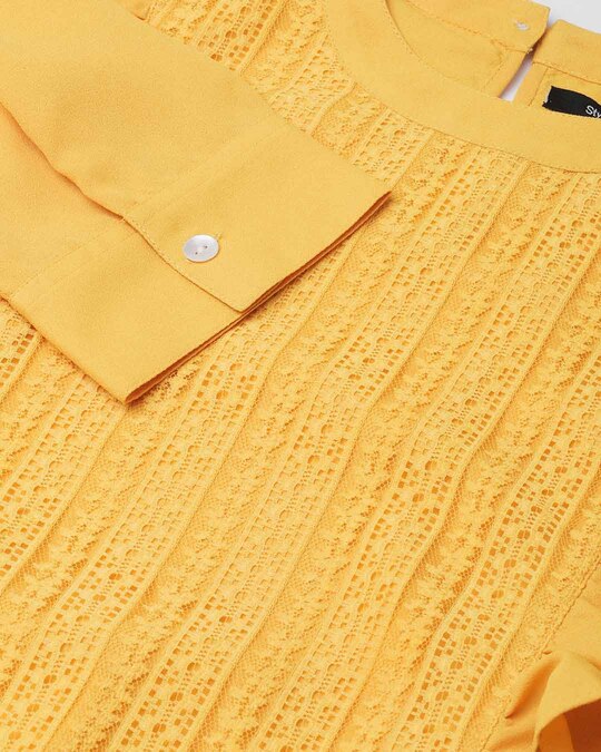 Shop Women Mustard Yellow Lace Detail Blouson Top