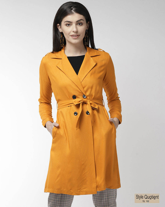 Shop Women's Mustard Yellow Solid Double Breasted Trench Coat-Front