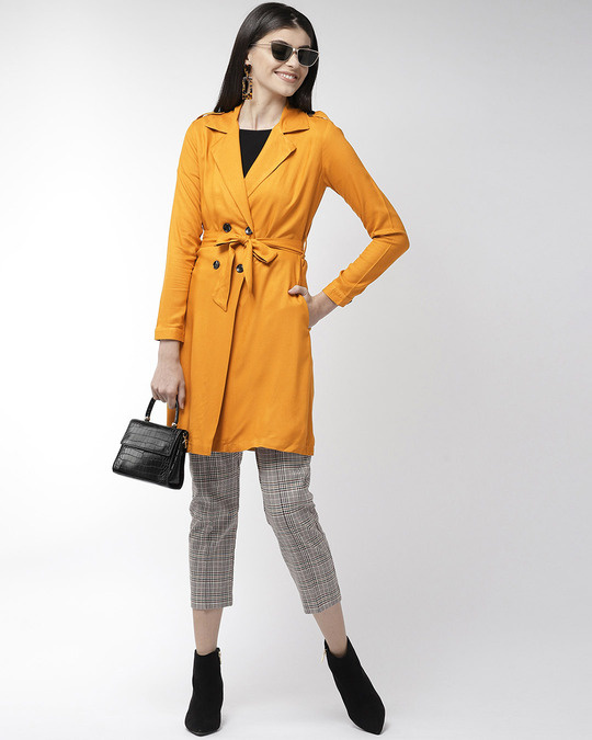 Shop Women's Mustard Yellow Solid Double Breasted Trench Coat-Full