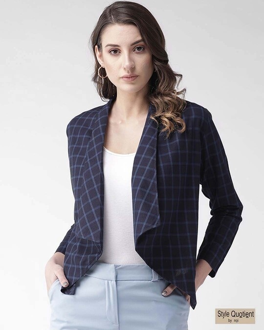 Shop Women Navy Blue Checked Open Front Shrug-Front