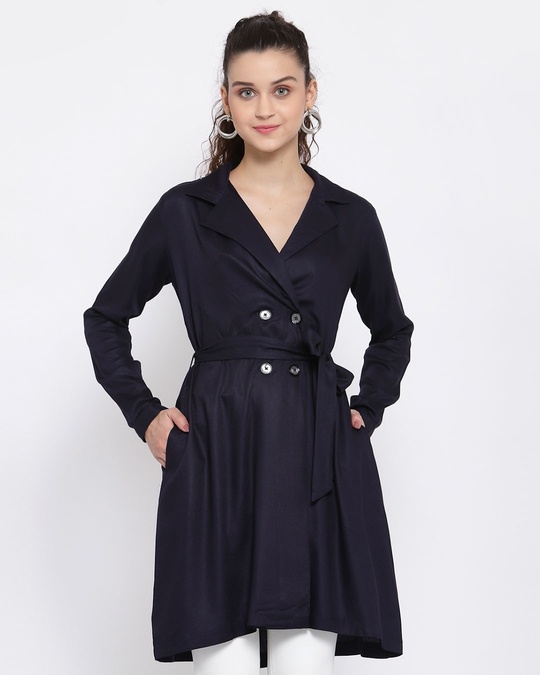 Shop Women Navy Blue Solid Double Breasted Knee Length Trench Coat-Front
