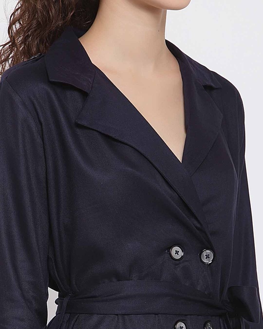 Shop Women Navy Blue Solid Double Breasted Knee Length Trench Coat-Full
