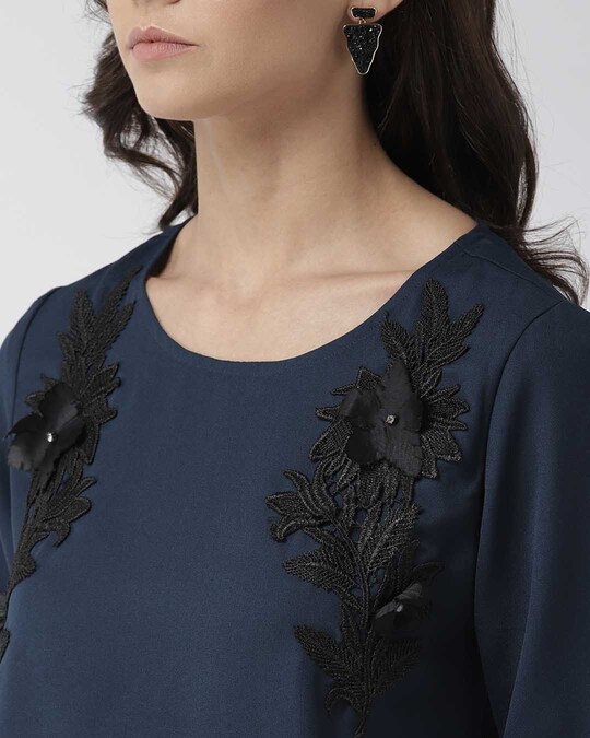 Shop Women Navy Blue Solid Top With Applique Detail