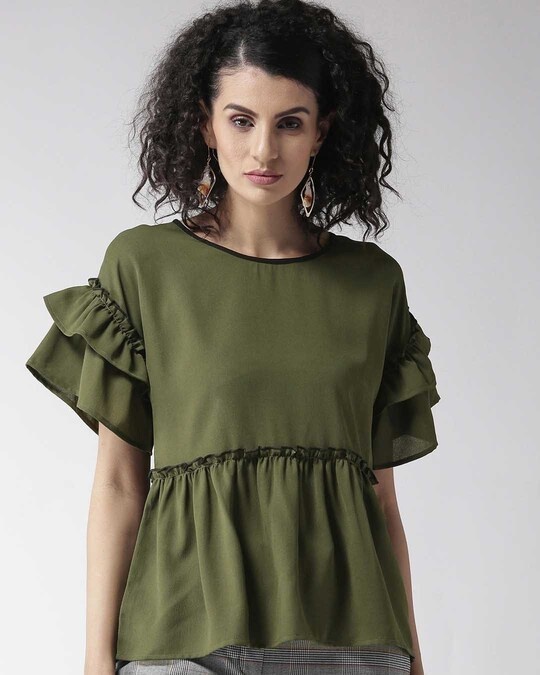 Shop Women Olive Green Solid A Line Top-Front
