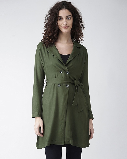Shop Women's Olive Green Solid Double Breasted Overcoat-Front