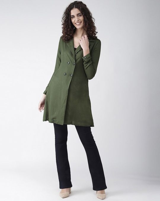 Shop Women's Olive Green Solid Double Breasted Overcoat